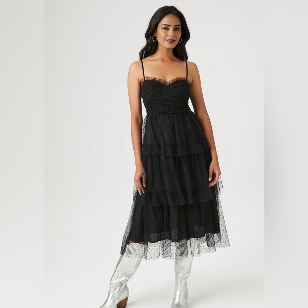 Black mesh midi dress featuring an allover clip-dot pattern
